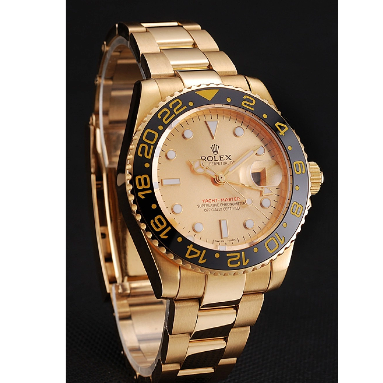 Aaa replica watch II Bracelet Gold GMT Black Master Dial Rolex And 1453749 Bezel Case Gold Swiss 0618